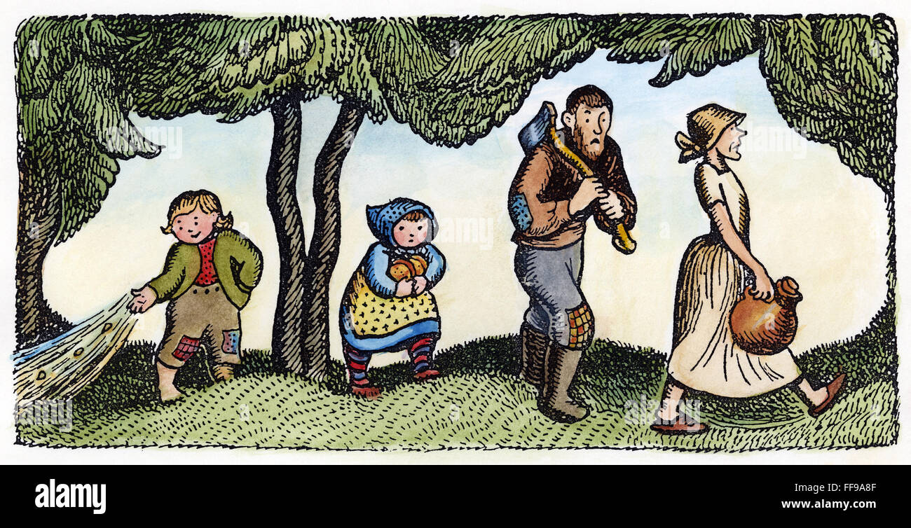 GRIMM: Hansel y Gretel. /NHansel cae guijarros como su madre y su padre le llevan y Gretel en el bosque. Dibujo por Wanda mordaza para el cuento de los hermanos Grimm, c1936. Foto de stock