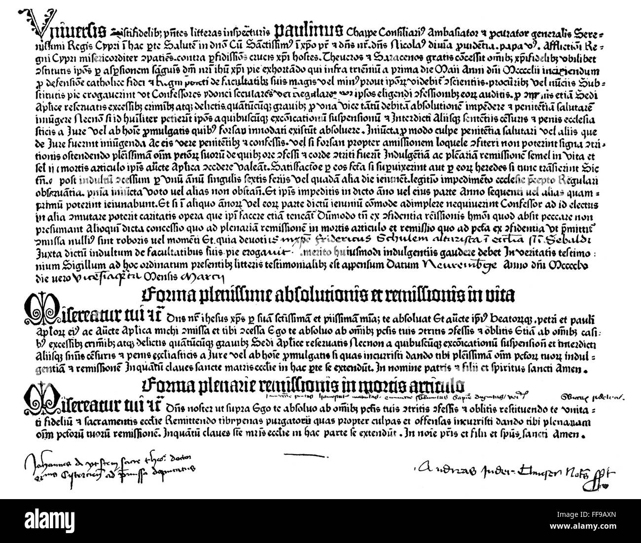 Carta de indulgencia, 1455. /NA carta de indulgencia (Ablass breves) impreso en 1455 por Johann Gutenberg en su primera prensa. Foto de stock