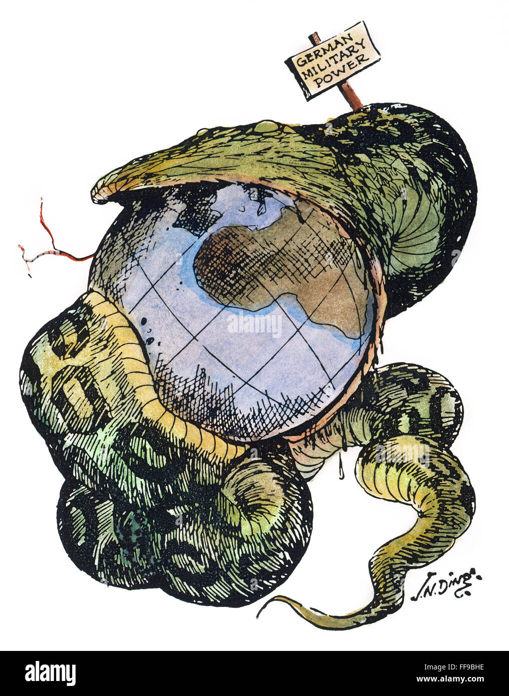 Caricatura: agresión, 1917. /Nel Python: una fuerte militarmente Alemania absorbe el mundo en esta caricatura de anti-alemana J.N. ('Ding') Darling, c1917. Foto de stock