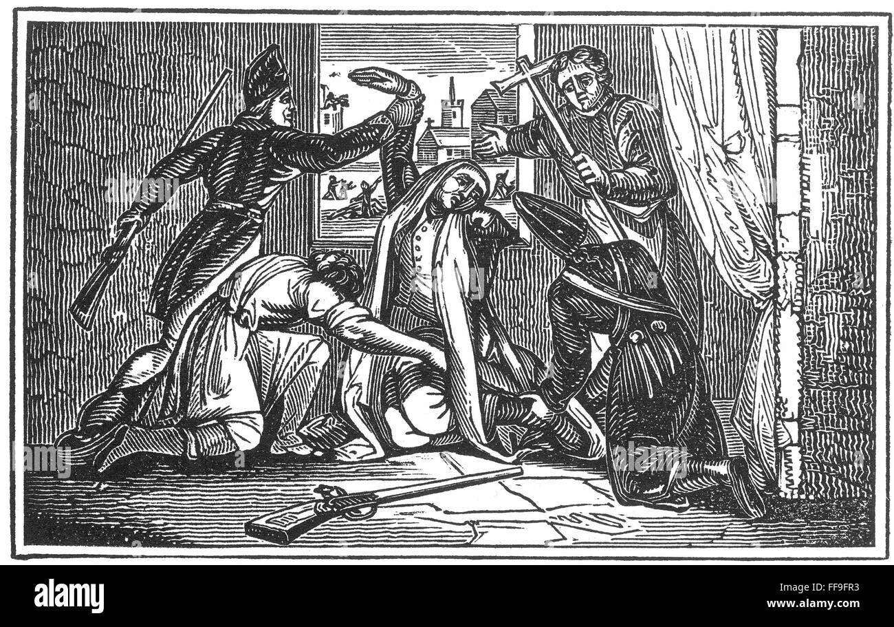 GASPARD de Coligny; /n(1519-1572). Almirante francés Hugonote y líder. El asesinato de Coligny; en su dormitorio, la primera víctima de la Masacre del Día de San Bartolomé, el 24 de agosto de 1572. El grabado en madera, del siglo XIX. Foto de stock
