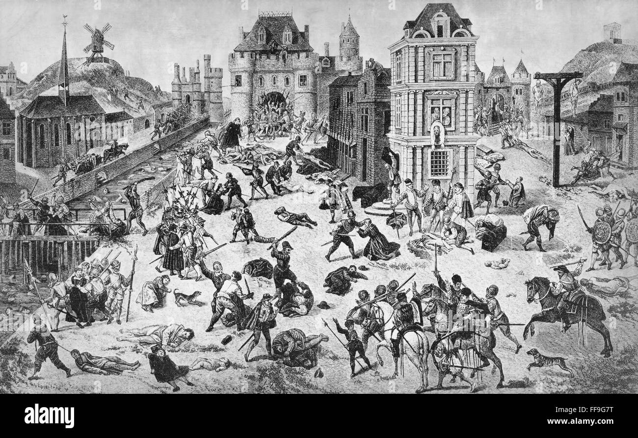 Masacre de los hugonotes. /Nel matanza de los hugonotes en París, Francia, del Día de San Bartolomé, el 24 de agosto de 1572. Grabado después de la pintura por Francois Dubois, un testigo presencial de hugonotes. Foto de stock