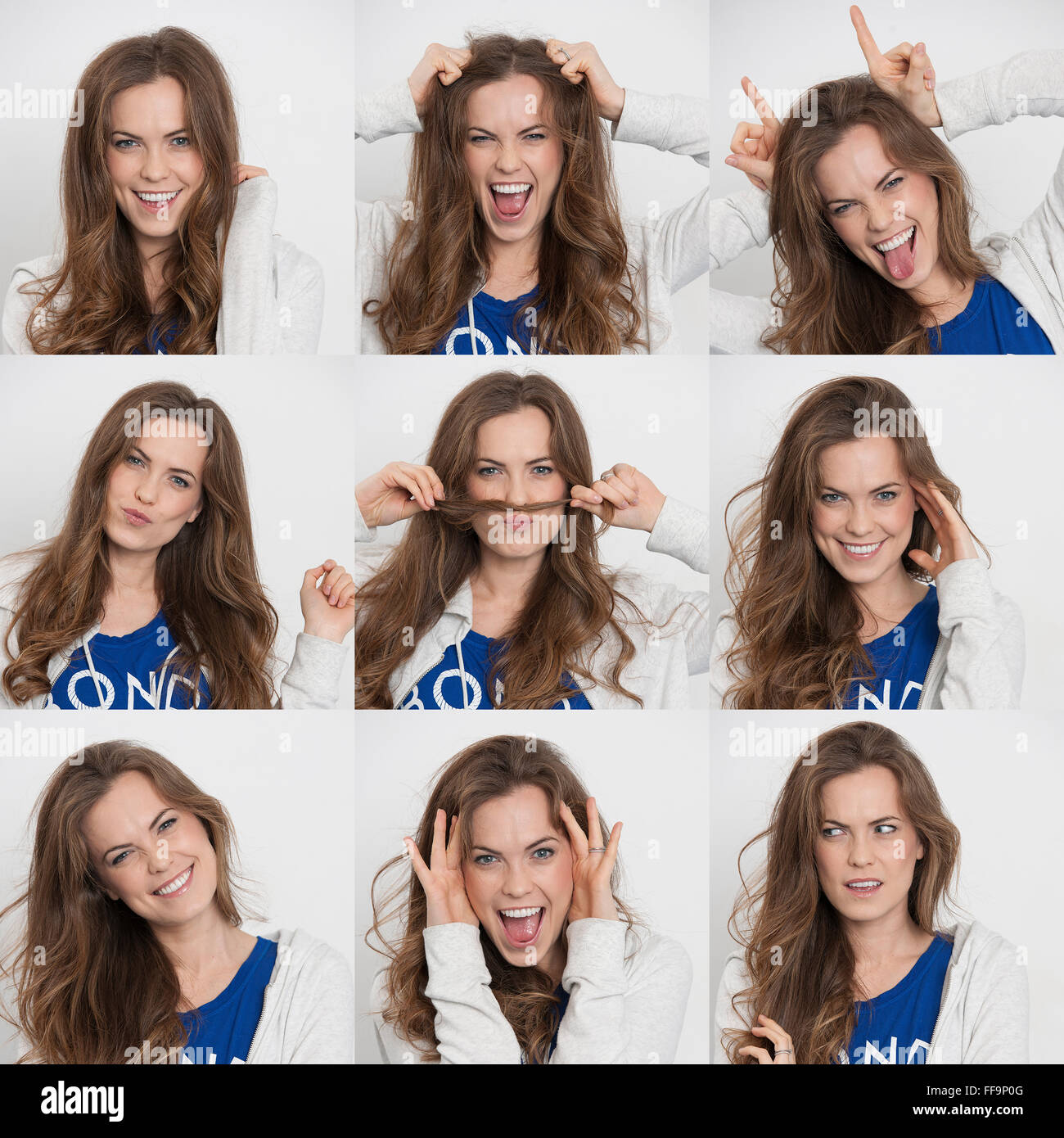 Fotos de una mujer que muestran diversas emociones y expresiones Foto de stock