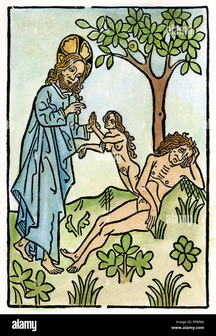 Adán y Eva. /Ongd la creación de Eva de la costilla de Adán como él duerme bajo el árbol del conocimiento. Xilografía, del siglo XV. Foto de stock