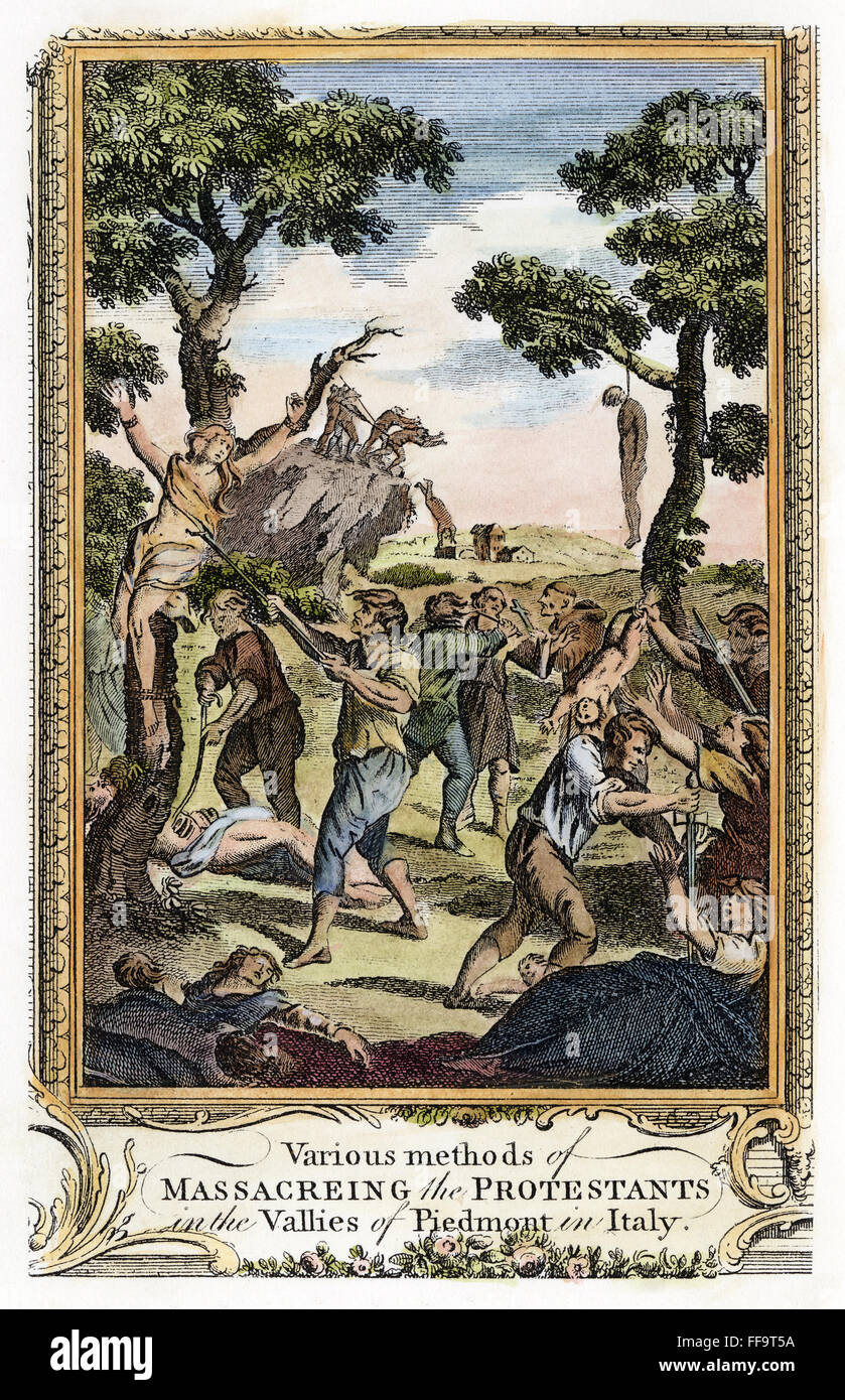 FOXE: Libro de los mártires. /NMassacre de los Protestantes en Italia. Línea de grabado a finales del siglo XVIII edición inglesa de John Foxe's 'El libro de los mártires". Foto de stock