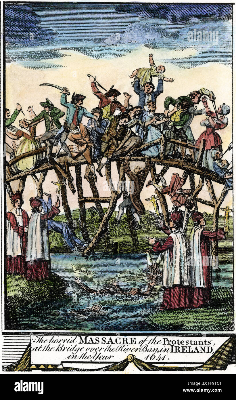 Masacre de protestantes. /NAt el puente sobre el río Ban, 1641. Grabado en cobre de una edición inglesa de finales del siglo xviii de John Foxe's 'El libro de los mártires". Foto de stock