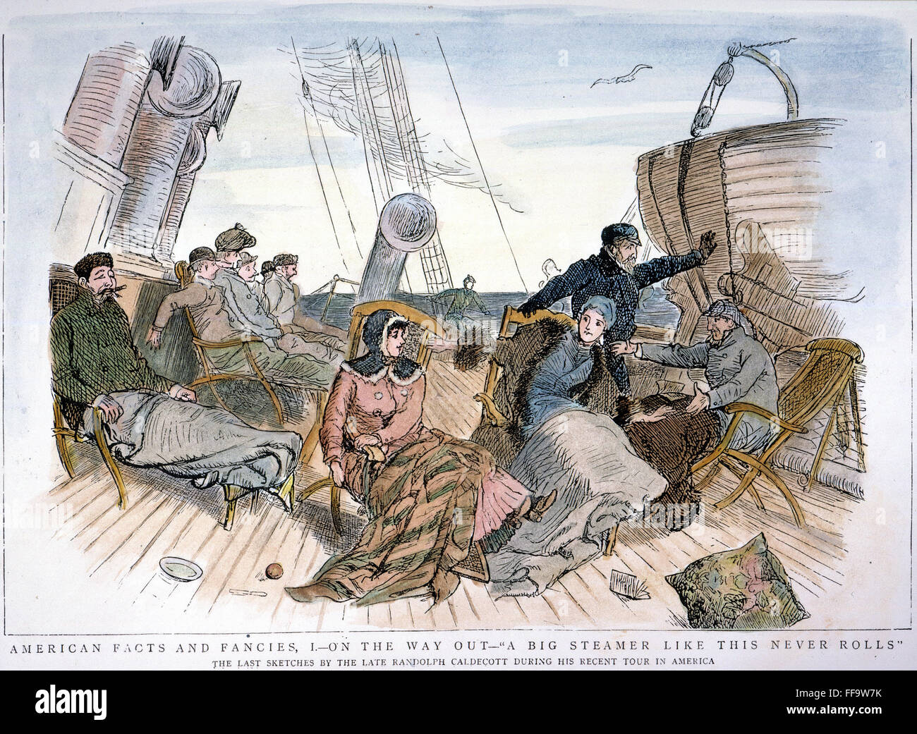 Los pasajeros de barco de vapor. /NPassengers sobre la cubierta de un barco de vapor transatlántico: Grabado en madera de 1886, después de un dibujo por Randolph Caldecott. Foto de stock