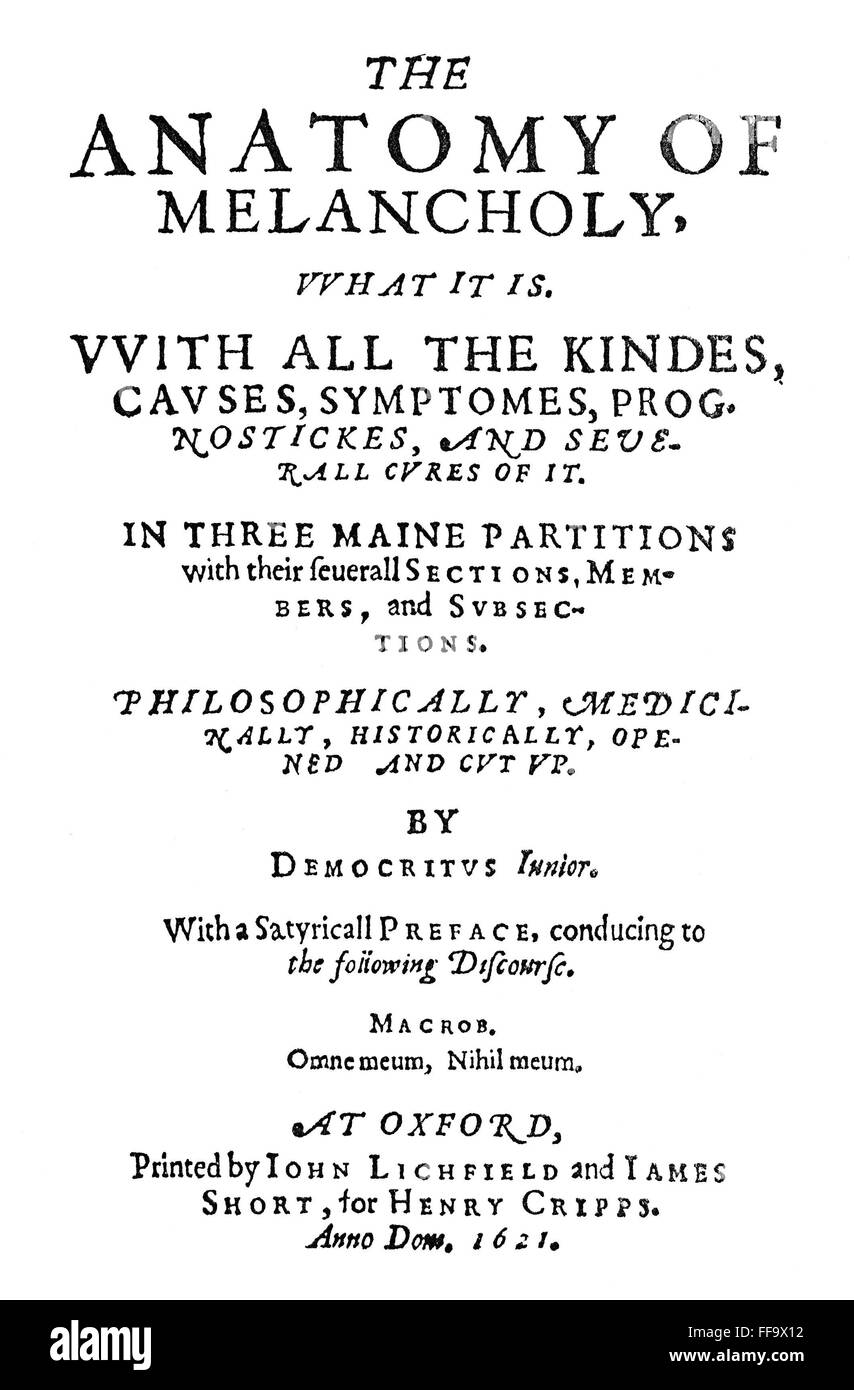 BURTON: página de título, 1621. /NTitle página de la primera edición de 'La  Anatomía de la Melancolía" por Robert Burton, 1621 Fotografía de stock -  Alamy