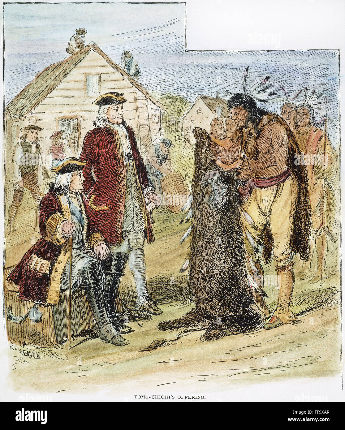 Jefe TOMO-CHICHI (1642-1739). /NYamacraw jefe Tomo-Chichi ofrece James Oglethorpe un bisonte pintado con la piel de la cabeza y las plumas de águila en Savannah, Georgia, en 1733: el grabado en madera, Americana, 1887. Foto de stock