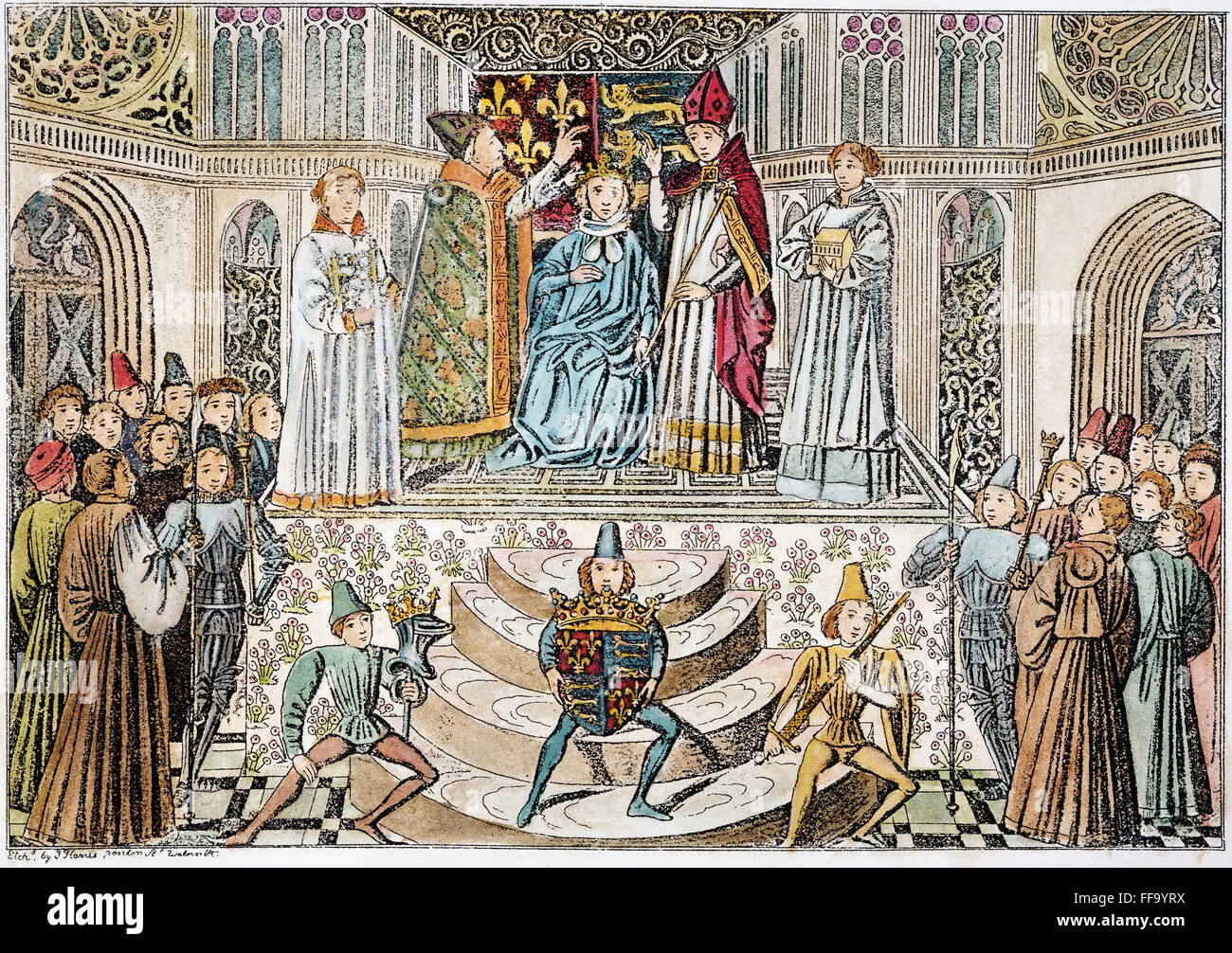 Enrique VII coronación. /NHenry, duque de Lancaster, coronado rey Enrique VII de Inglaterra en 1485: grabado, Inglés del siglo XIX. Foto de stock