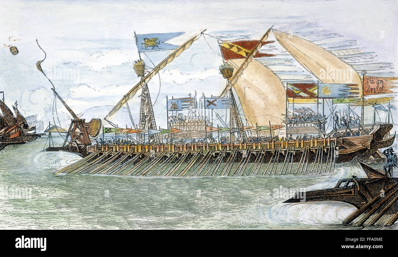Una galera veneciana /ncommanded por Marco Polo, luchando contra una flota genovesa en la batalla de Curzola, 1298. El grabado en madera, americanos del siglo XIX. Foto de stock