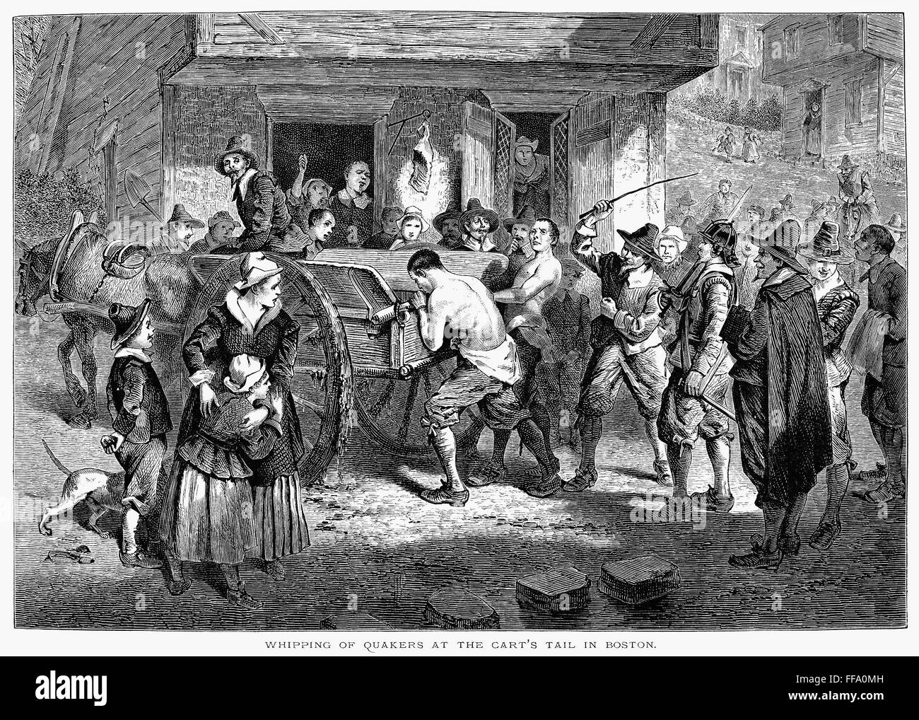 Los cuáqueros y puritanos, 1677. /NQuakers ser azotado en puritano de Boston, Massachusetts, en el 1670s. El grabado en madera, del siglo XIX. Foto de stock