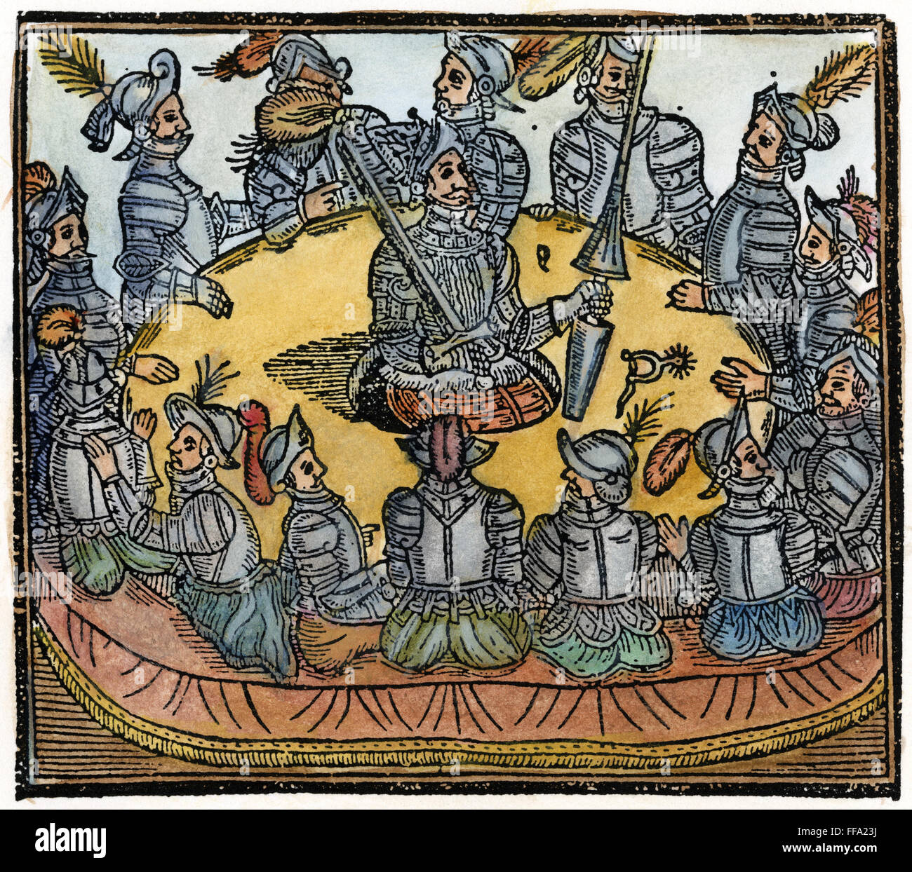 El rey Arturo y caballeros. /NKing Arthur y los caballeros de la Mesa Redonda. Frontispicio xilografía de 'historia del príncipe Arturo", 1534. Foto de stock