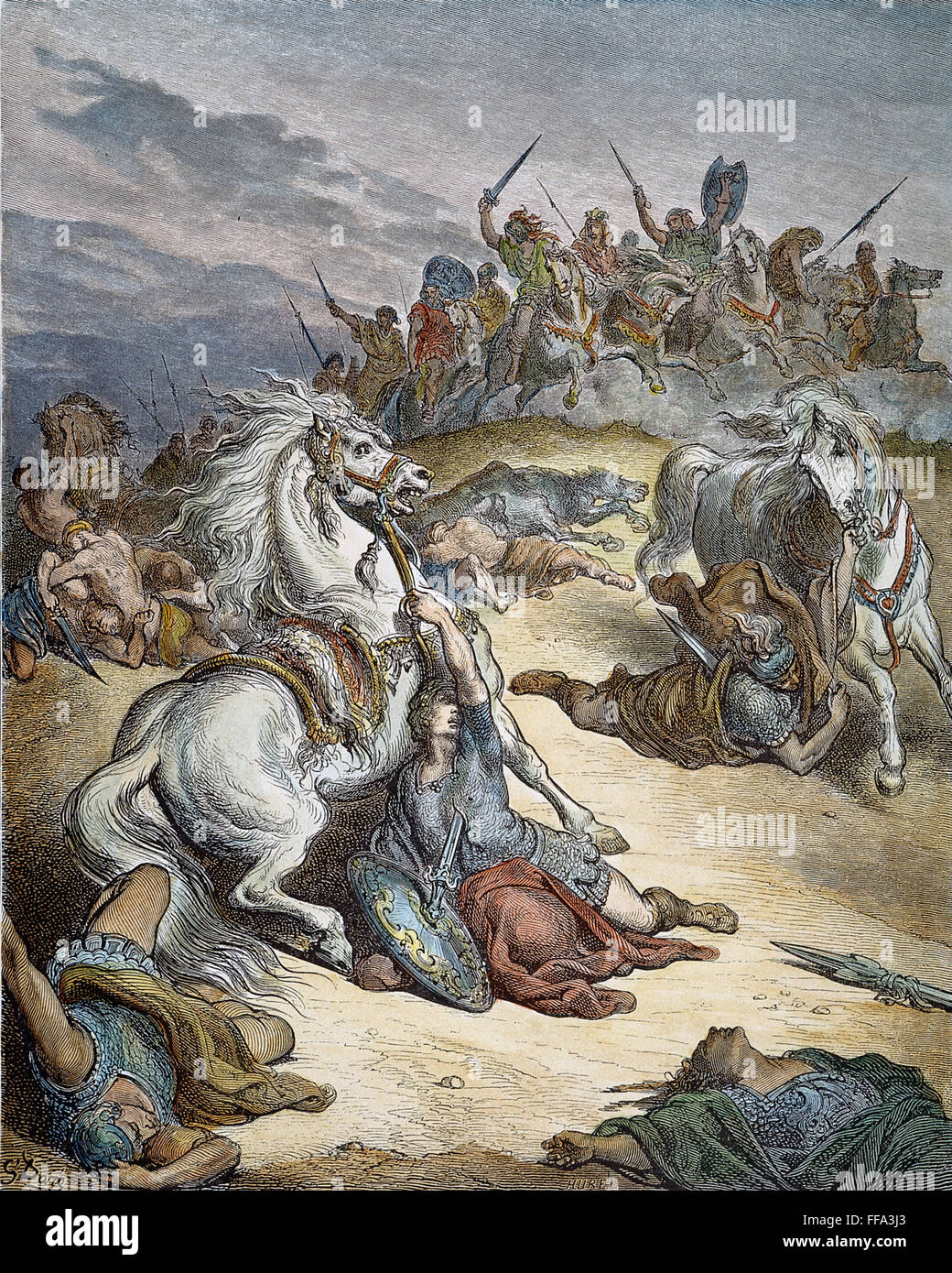 Saúl: la muerte. /Nel la muerte de Saúl (I Samuel 31: 4,5). Después Gustave DorΘ grabado. Foto de stock