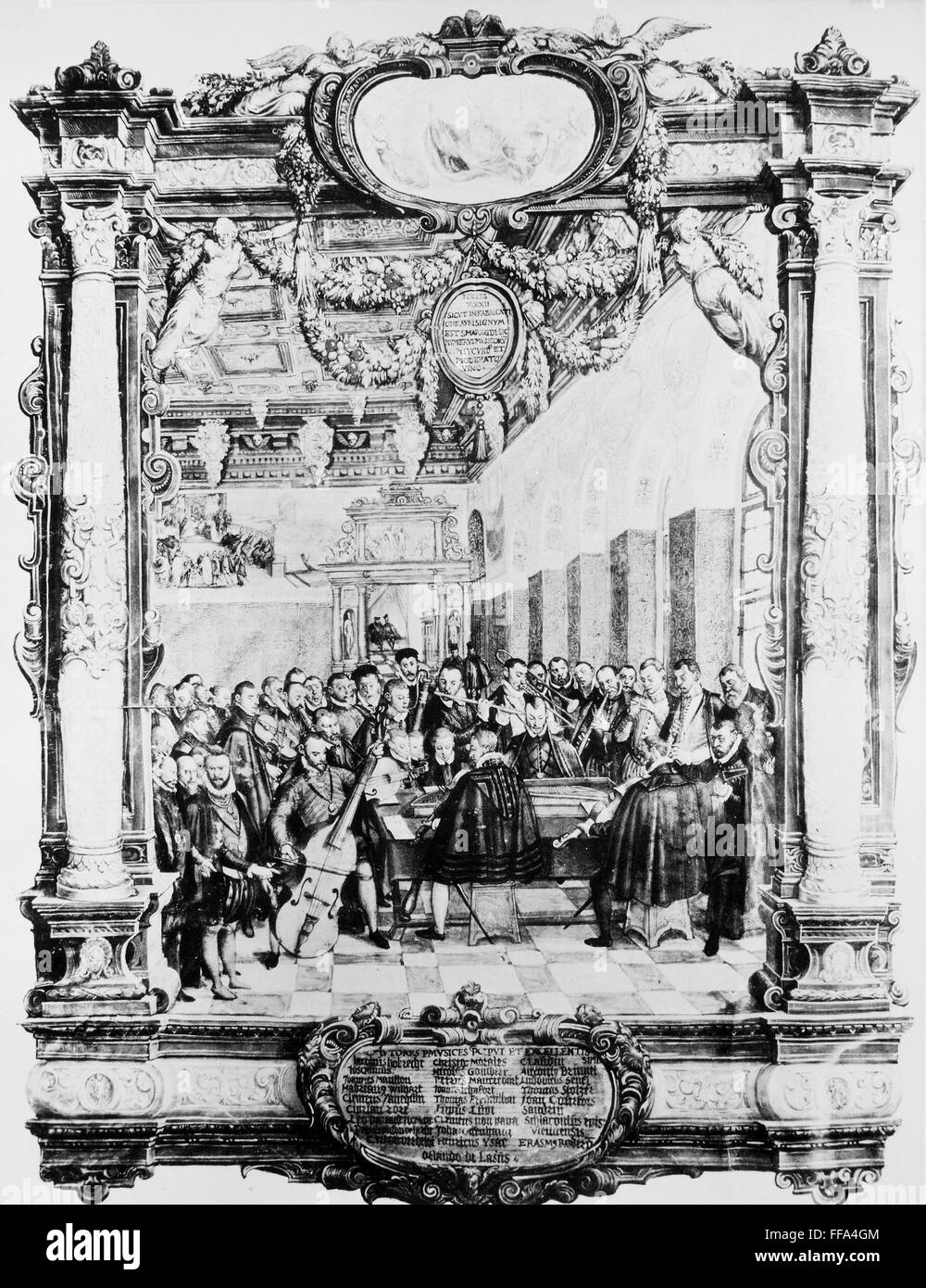 ORLANDO DI LASSO /n(1532-1594). Compositor Belga. Lasso en privado en la capilla de música del duque Alberto V de Baviera. Miniatura del siglo XVI Mielen-Codex. Foto de stock