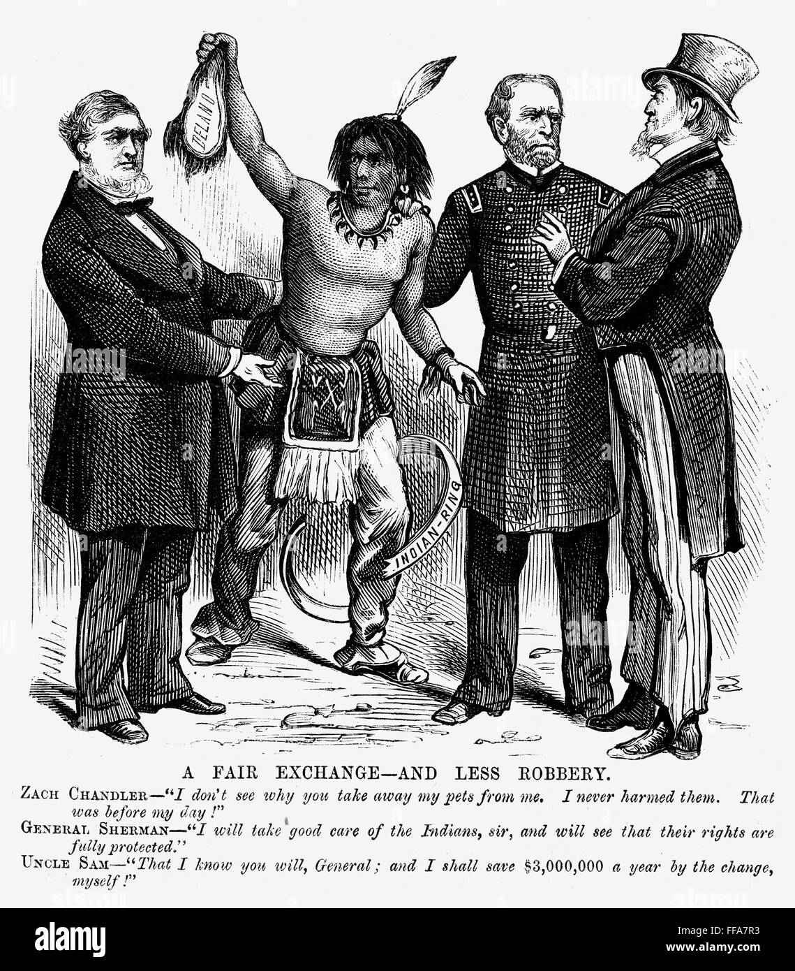 Caricatura: Nativos Americanos, 1876. /NAn 1876 caricatura en el traslado de la Oficina de Asuntos Indígenas del Departamento del Interior para el ejército. Foto de stock