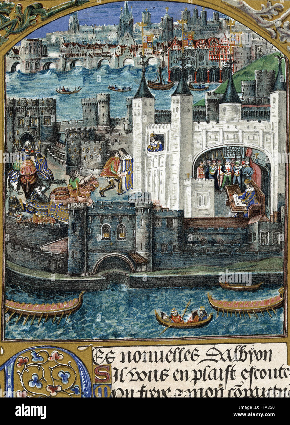 Torre blanca de Londres. /Nen un manuscrito de los poemas de Charles d'Orleans, quien fue capturado en Agincourt en 1415 y permaneció preso en Inglaterra hasta 1440. Foto de stock