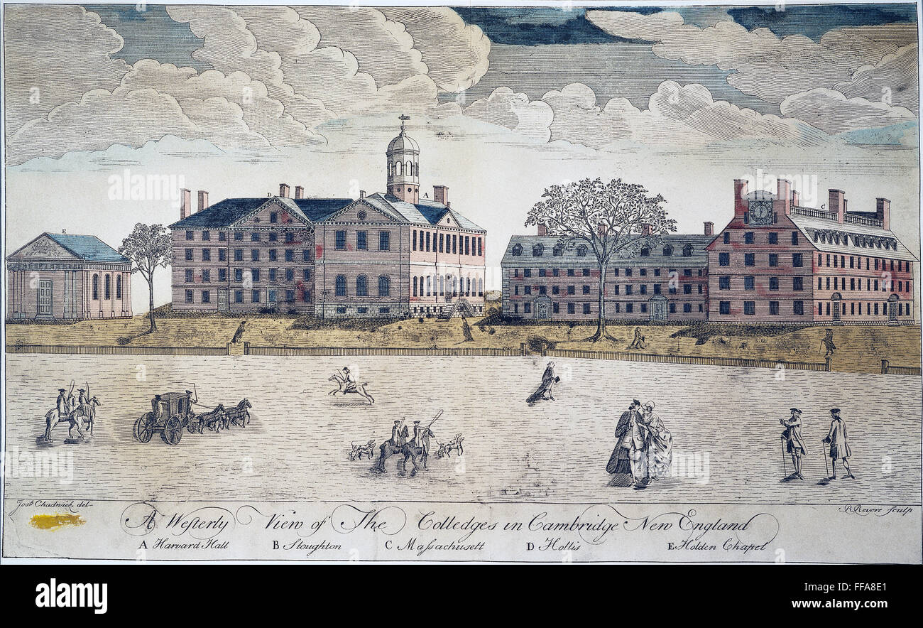 Universidad de Harvard, 1767. /NPaul Revere's grabado de la Universidad de Harvard. Foto de stock