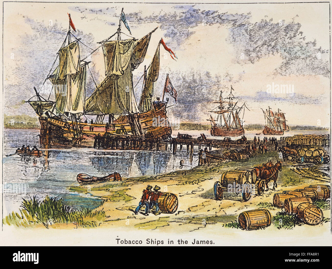 El tabaco de buques, 1600. /NEnglish tabaco buques cargando en el James River, Virginia, en el siglo XVII: grabado en color, del siglo XIX. Foto de stock