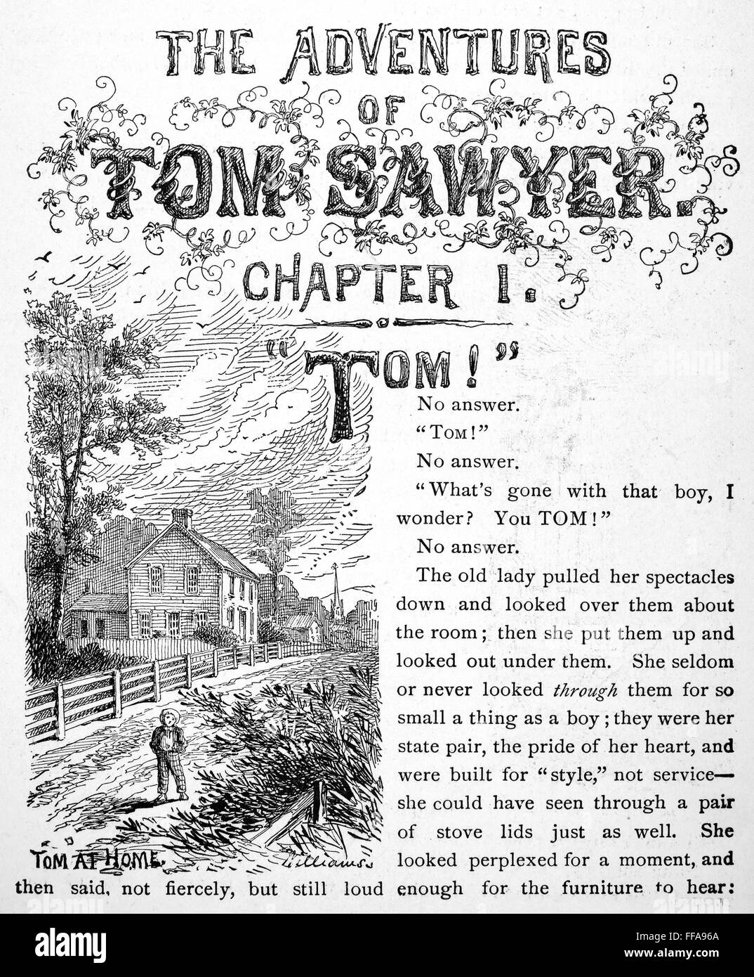 CLEMENS: Tom Sawyer. /Nla primera página del primer capítulo de la primera  edición de Mark Twain "Las Aventuras de Tom Sawyer", de 1876, con una  ilustración por cierto Williams Fotografía de stock -
