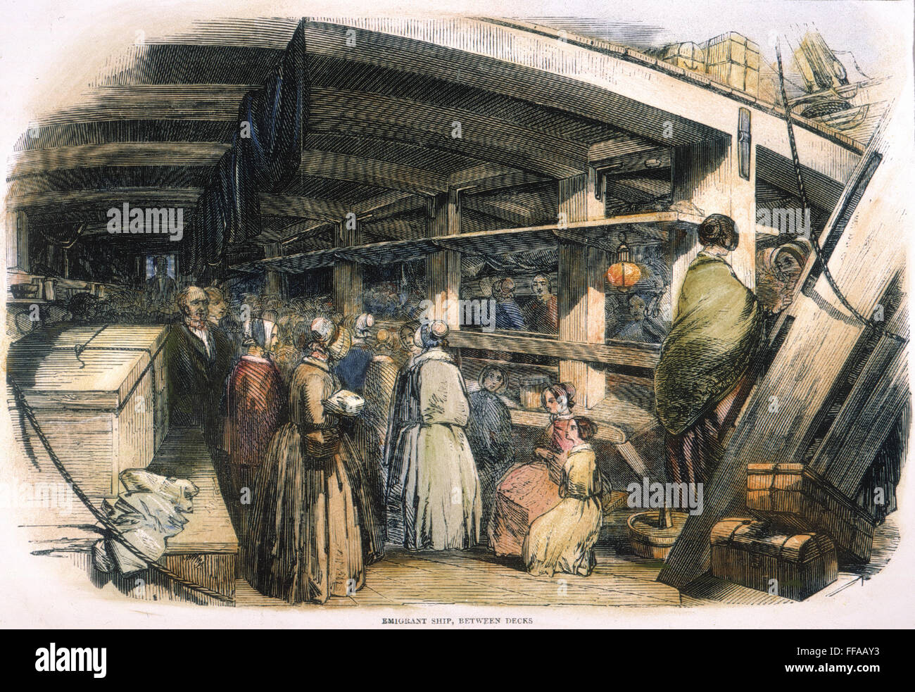 Los inmigrantes A BORDO./nLondon needleworkers con destino a los Estados Unidos: el grabado en madera, inglés, 1850. Foto de stock