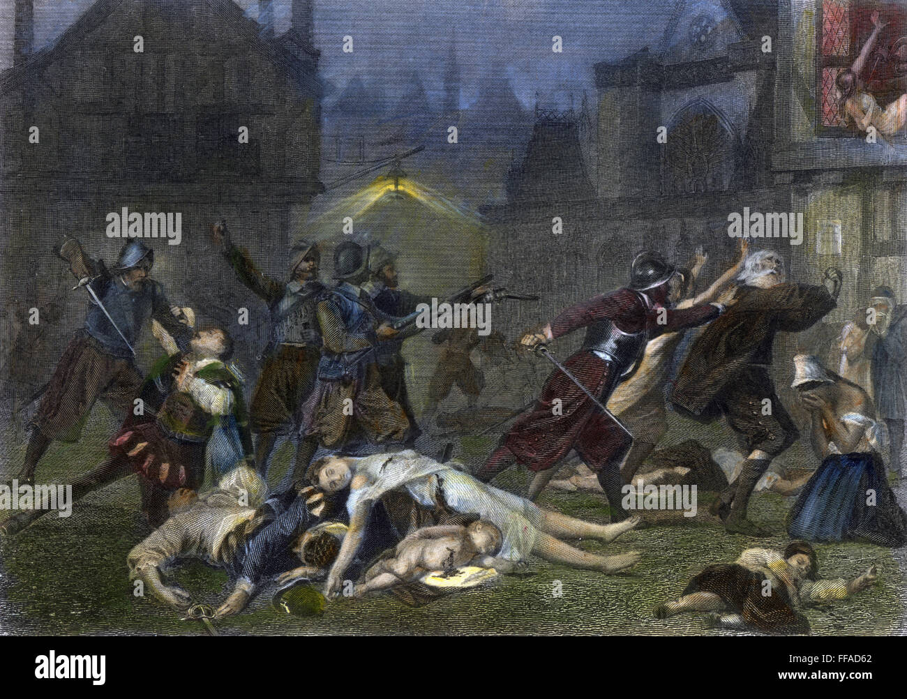 Masacre: hugonotes, 1572. /Nel masacre de hugonotes en París, Francia, del Día de San Bartolomé, el 24 de agosto de 1572. Acero grabado, Americana, 1870, después de una pintura de Alonzo Chappel. Foto de stock