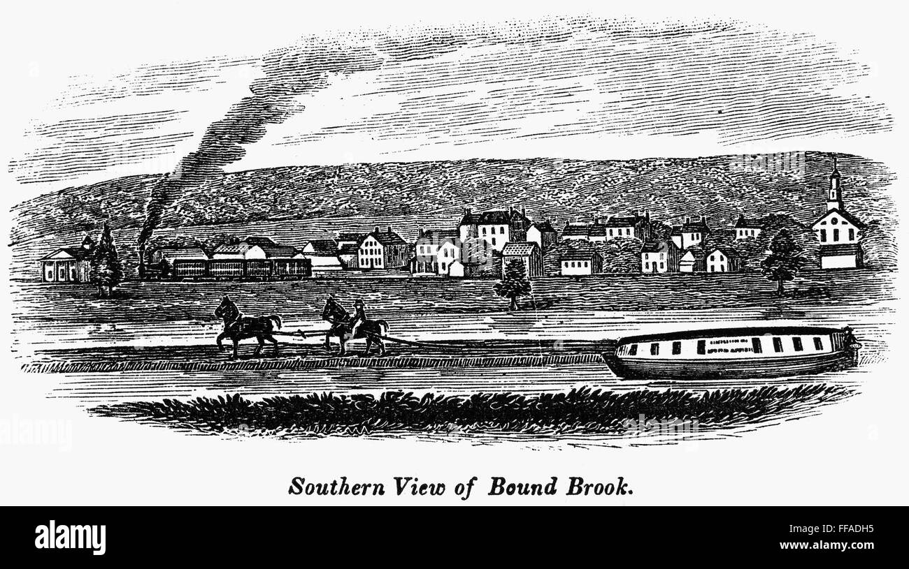 Nueva Jersey: Canal, 1844. /NSouthern vista de Bound Brook y el canal. El grabado en madera, Americana, 1844. Foto de stock