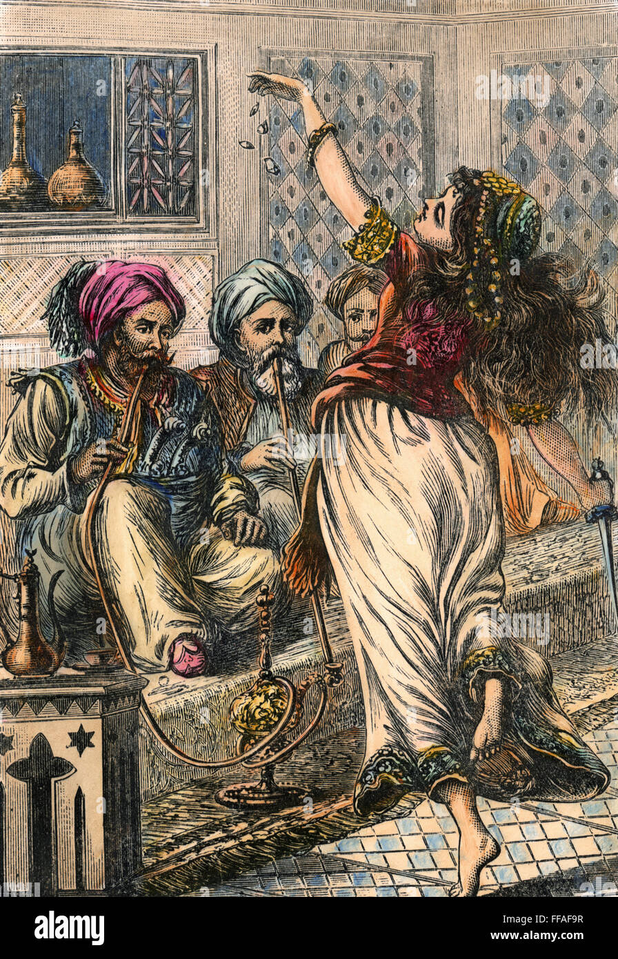 ALI Baba y los 40 ladrones./nMorgiana realiza la 'dagger dance' antes de los 40 ladrones. El grabado en madera, del siglo XIX, por el cuento de Ali Baba de 'Arabian Nights'. Foto de stock