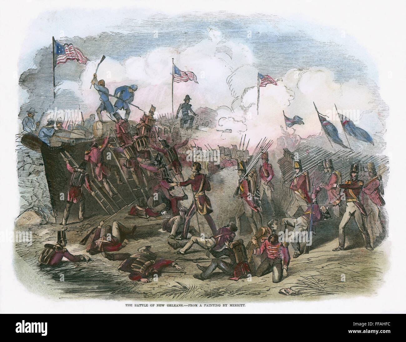 La batalla de Nueva Orleans, 1815. /Fuerzas nBritish frustrado en su avance sobre las posiciones estadounidenses en la batalla de Nueva Orleans, el 8 de enero de 1815. El grabado en madera, inglés, 1853, después de una pintura de Merritt. Foto de stock
