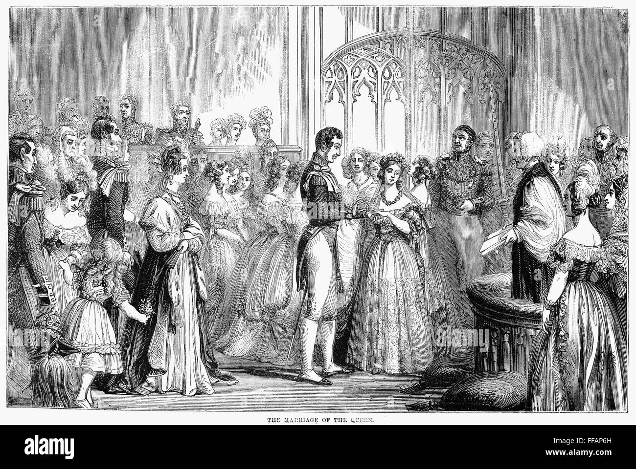 La boda de la reina Victoria. /Nel la boda de la Reina Victoria y el Príncipe Alberto de Sajonia-Coburgo-Gotha, el 10 de febrero de 1840. El grabado en madera, del siglo XIX. Foto de stock