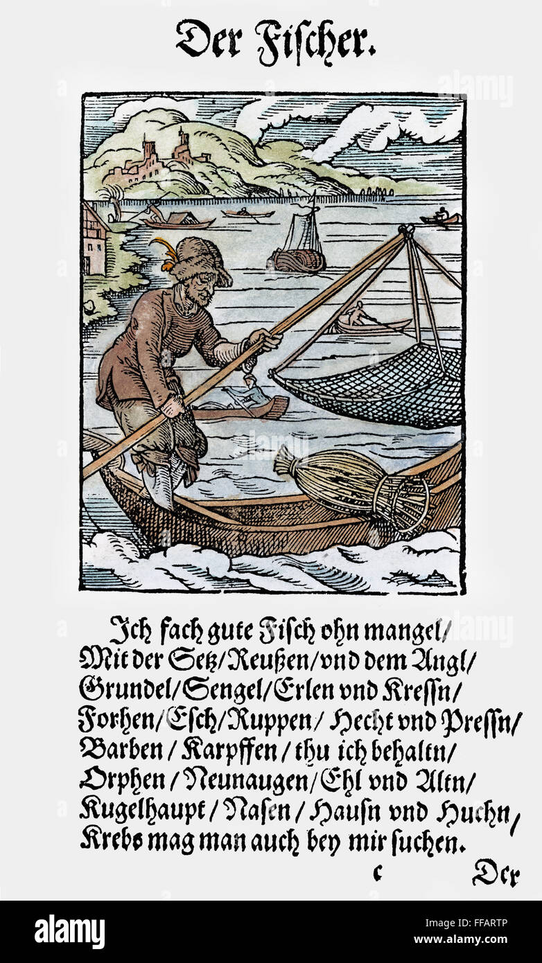 Pescador, 1568. /NWoodcut, 1568, Jost Amman. Foto de stock