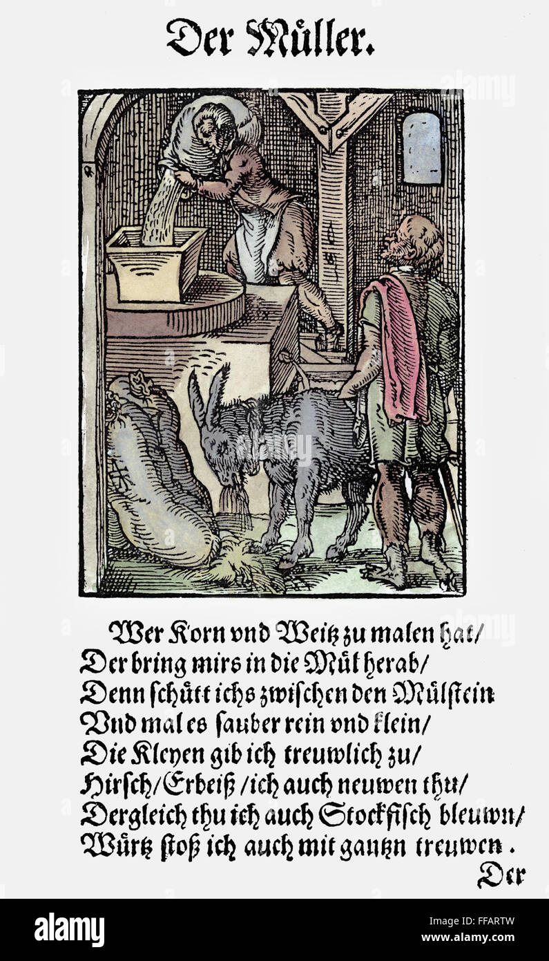 Moler el grano, 1568. /Nel Miller. Xilografía, 1568, Jost Amman. Foto de stock