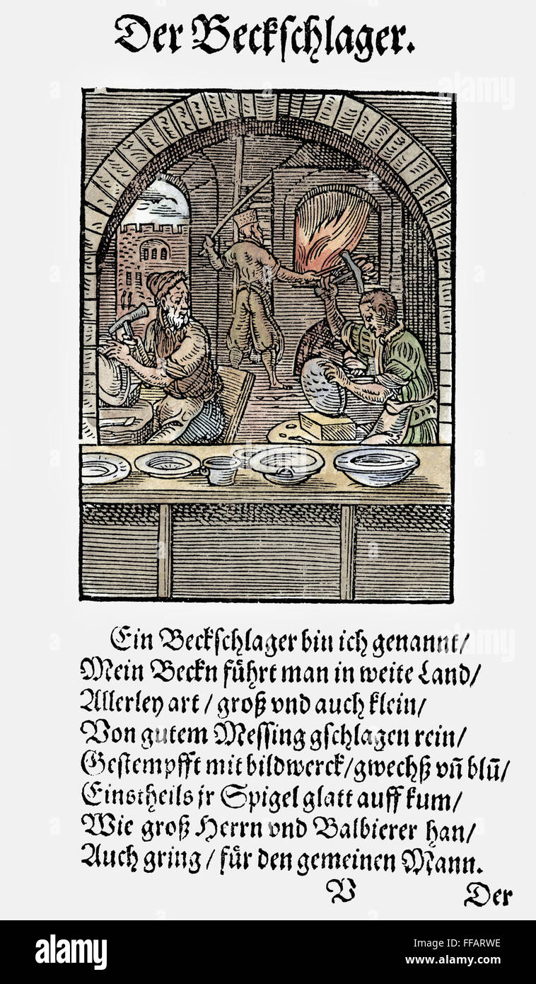 Creadores de Cuenca, 1568. /Nel haciendo de latón de las cuencas. Xilografía, 1568, Jost Amman. Foto de stock