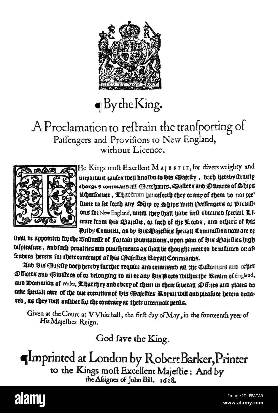 Panfleto colonial, 1628. /NBroadside, publicado en Inglaterra en 1628, en relación con el transporte de pasajeros a Nueva Inglaterra sin licencia. Foto de stock