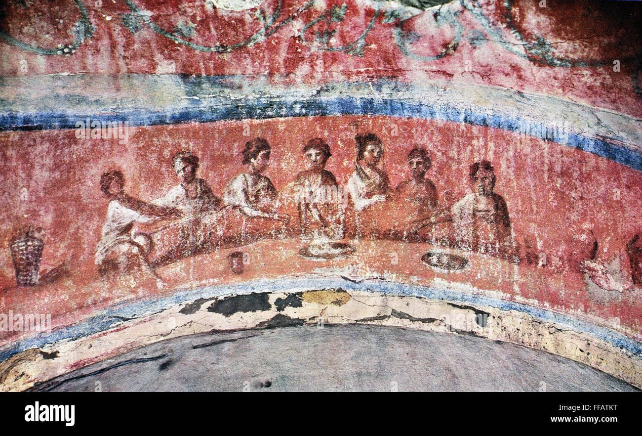 Fracción del Pan. /NFractio panis (la "fracción del pan"), a finales del  siglo II a. La pintura de la pared en la denominada "capilla griega' de la  catacumba de Priscila, Roma, Italia