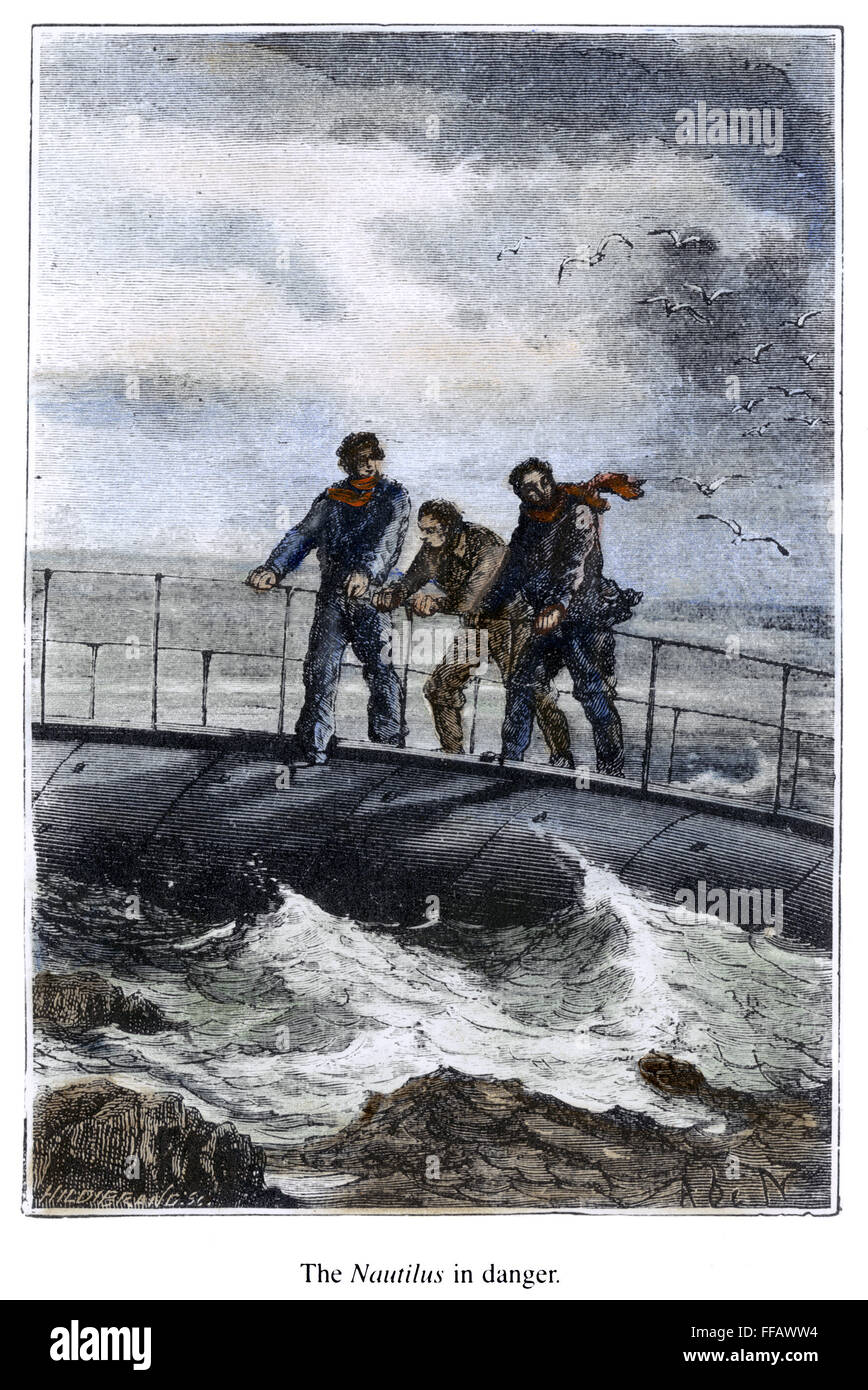 VERNE: 20.000 leguas. /Nel 'nautilus' encallado en el Estrecho de Torres. Grabado en madera después de un dibujo por Alphonse de Neuville desde una edición 1870 de Julio Verne, "Veinte mil leguas bajo el mar". Foto de stock
