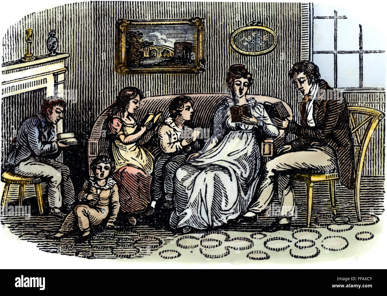 Familia: Lectura, 1800. /NA familia leer juntos: Grabado en madera de color, americano, c1800. Foto de stock