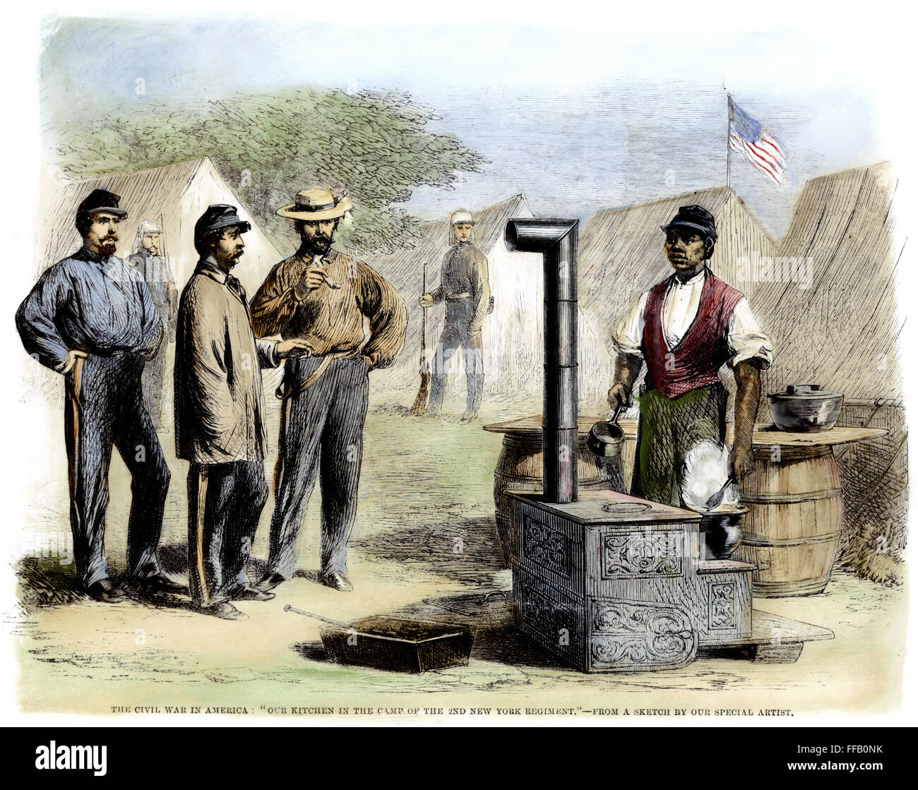 Guerra Civil: soldados, 1861. /NUnion soldados y un cocinero del ejército en el campamento, 1861. Grabado en madera de estilo inglés contemporáneo. Foto de stock