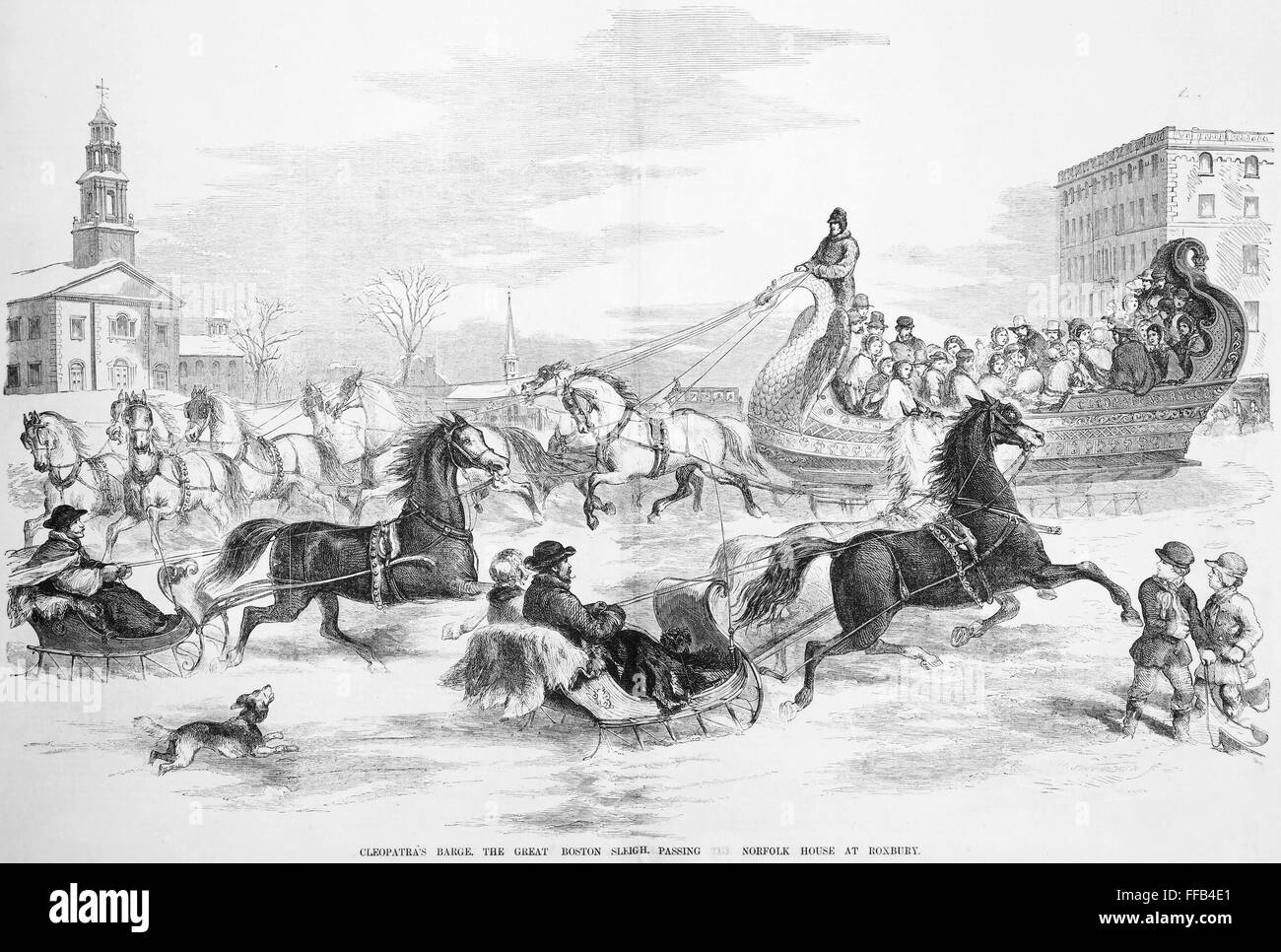 BOSTON: paseos en trineo, 1856. /Nel Gran Boston, Massachusetts, trineo pasando el Norfolk House en Roxbury. El grabado en madera, Americana, 1856. Foto de stock