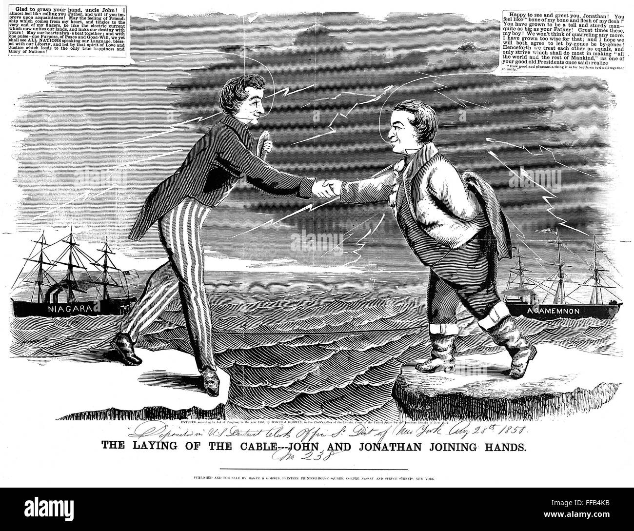 Telegrafía CARTOON, 1858. /Nel HMS Agamemnon navegó hacia la isla de Valentia mientras el USS Niagara navegó hacia Terranova. Los dos barcos se reunió en el Atlántico, conectar correctamente el cable telegráfico trasatlántico. American cartoon de 1858, en la combinación Foto de stock