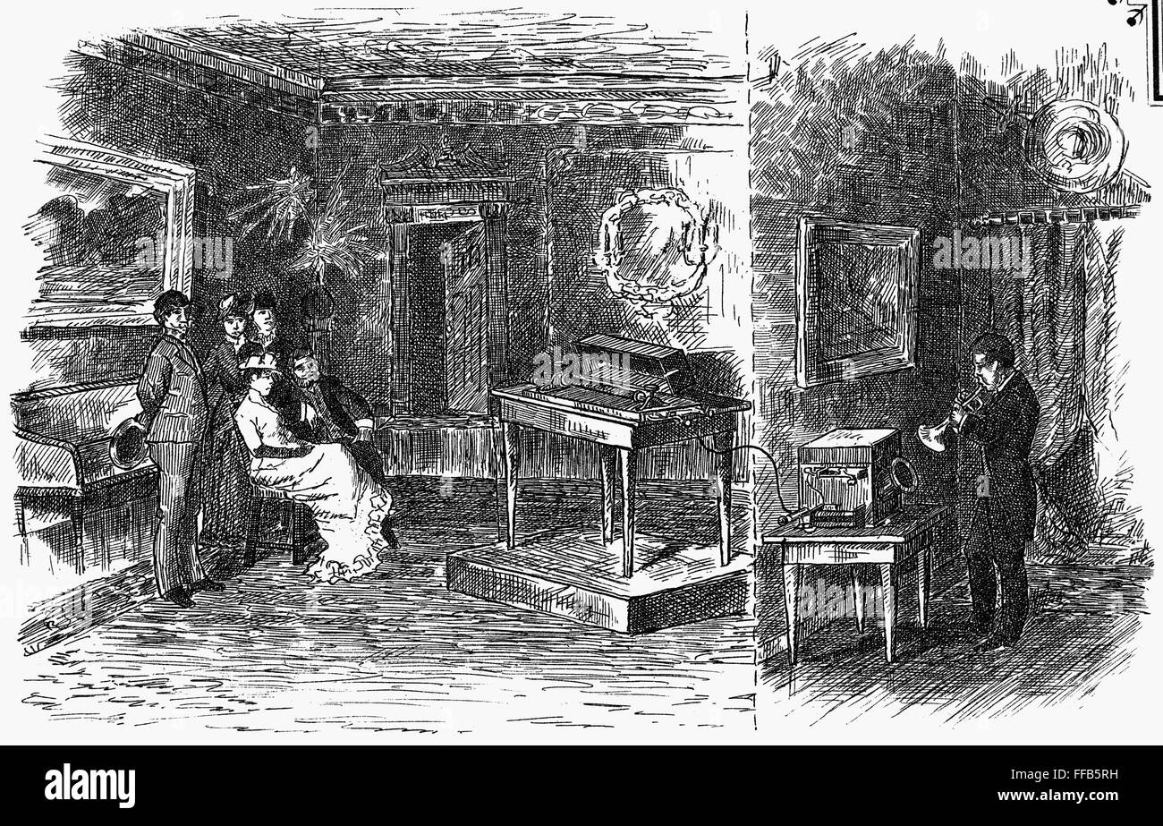Teléfono musical. /Nlínea dibujo, a finales del siglo XIX. Foto de stock