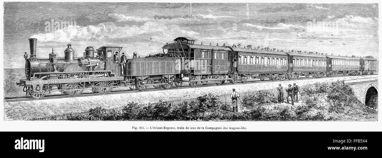 Tren "Orient Express". /NWood grabado, Francés, a finales del siglo XIX. Foto de stock