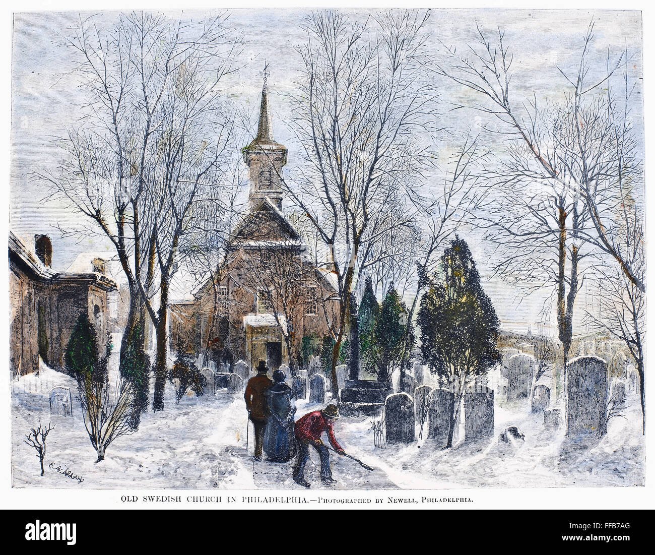 Filadelfia: Invierno, 1873. /Nantigua Swedish Church, Philadelphia, Pennsylvania. El grabado en madera, Americana, 1873. Foto de stock