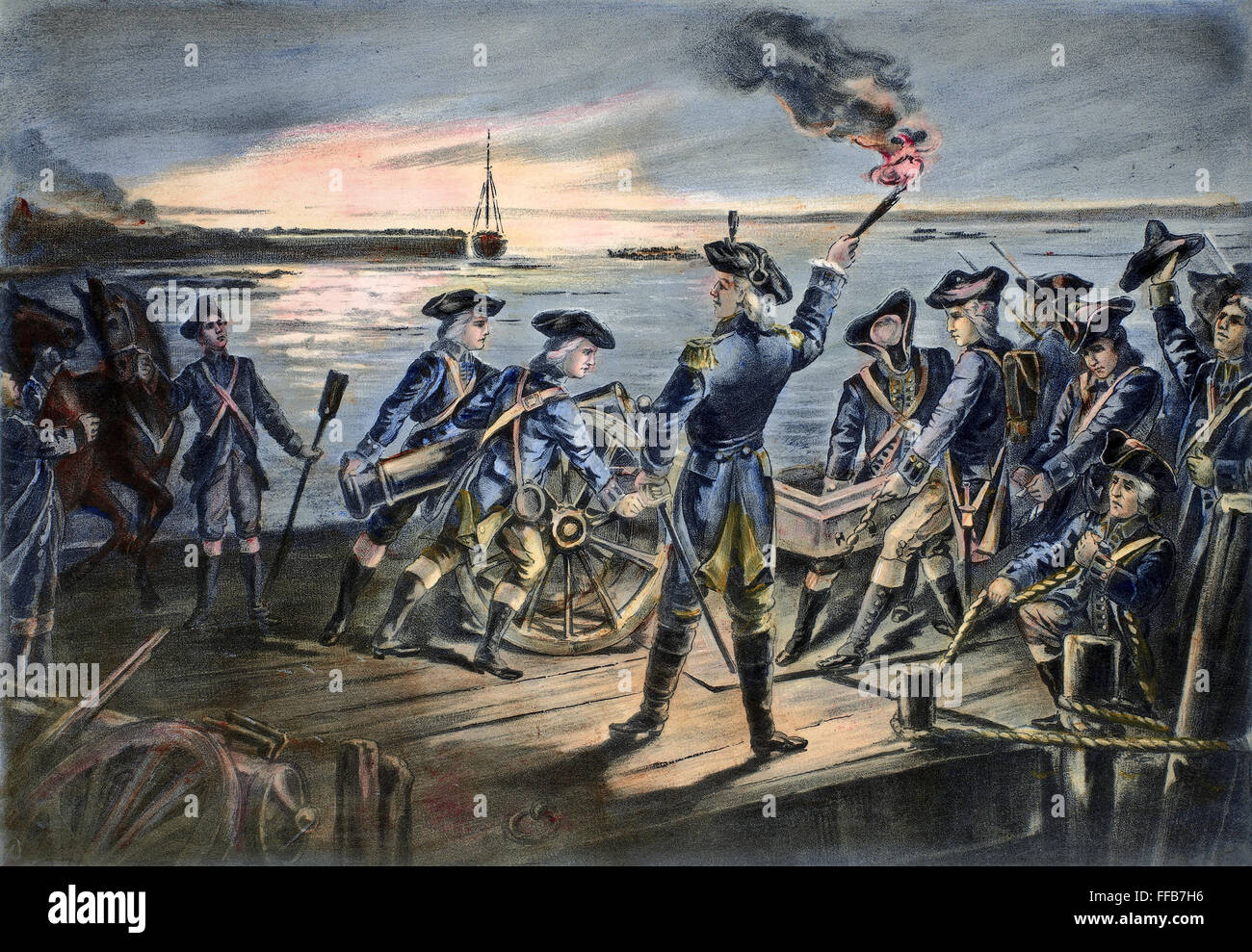 La batalla de Long Island, en 1776. /NContinental retiro de artillería de Long Island, Nueva York, agosto de 1776. Litografía, 1899. Foto de stock