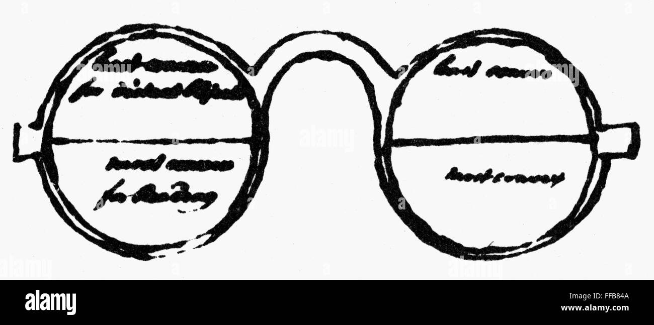Las lentes bifocales, 1760s. /NBenjamin Franklin's sketch para gafas bifocales, que él es acreditado con la invención. Foto de stock