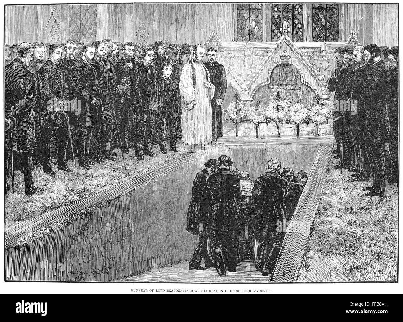 Benjamín Disraeli (1804-1881). /N1er Lord Beaconsfield. Estadista y escritor inglés. El funeral de Disraeli en Hughenden iglesia, High Wycombe. Grabado en madera de un periódico inglés de 1881. Foto de stock