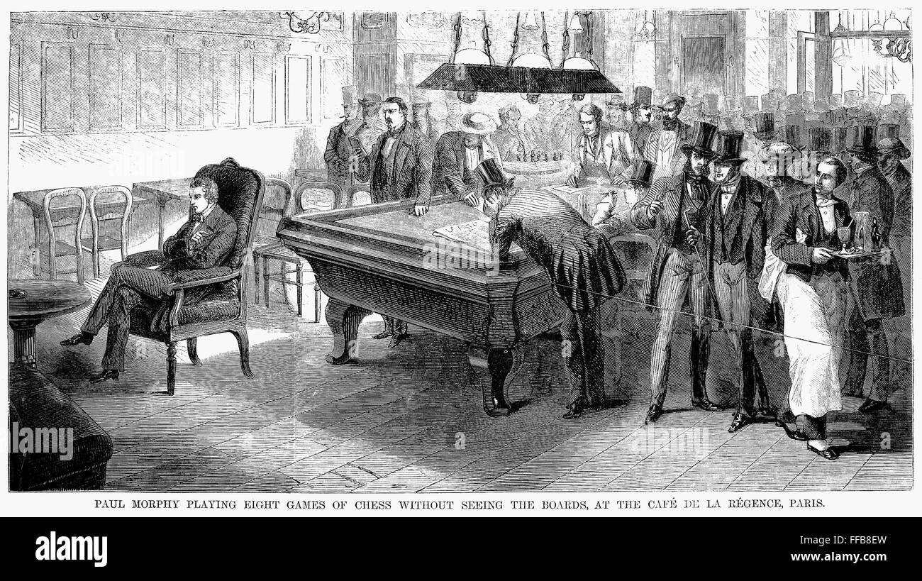 Paul Morphy jugando 8 partidas a ciegas en el Café de la Regence (Paris) -  Le Monde Illustré, 16.10.1856