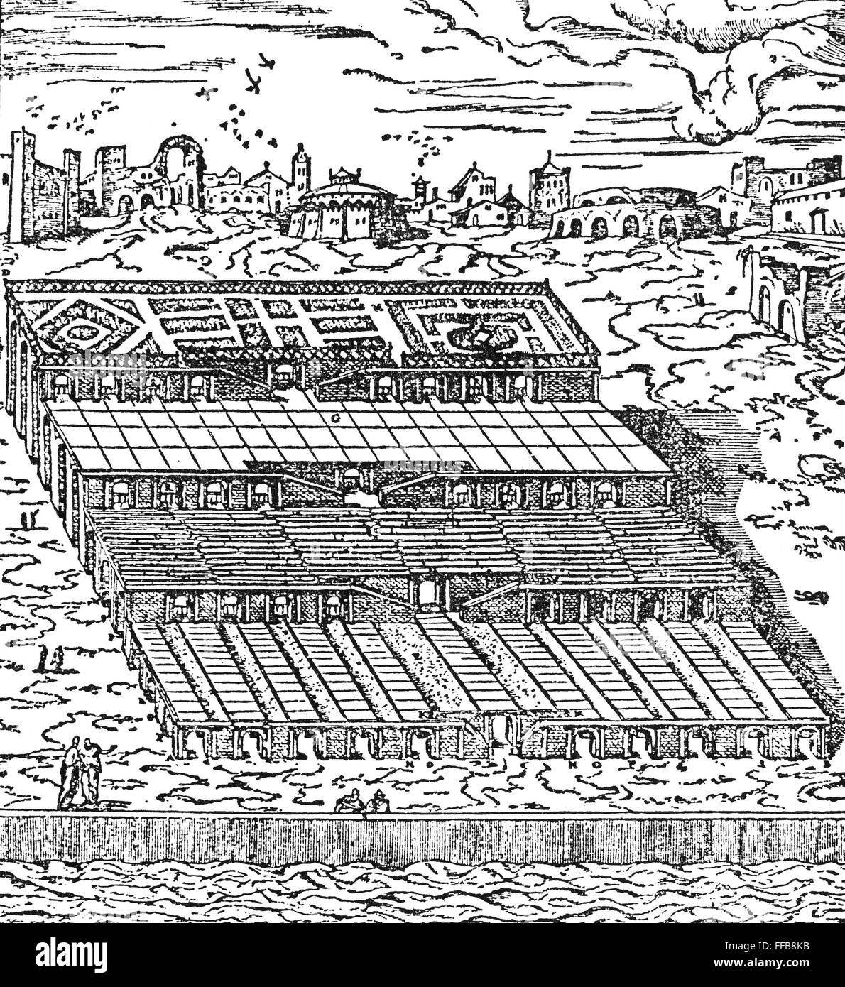 Babilonia: jardines colgantes. /Nel Jardines Colgantes de Babilonia. Reconstrucción en xilografía, 1592, a partir de la descripción por Heródoto (C480-C425 a. de C.), quien visitó Babilonia. Foto de stock