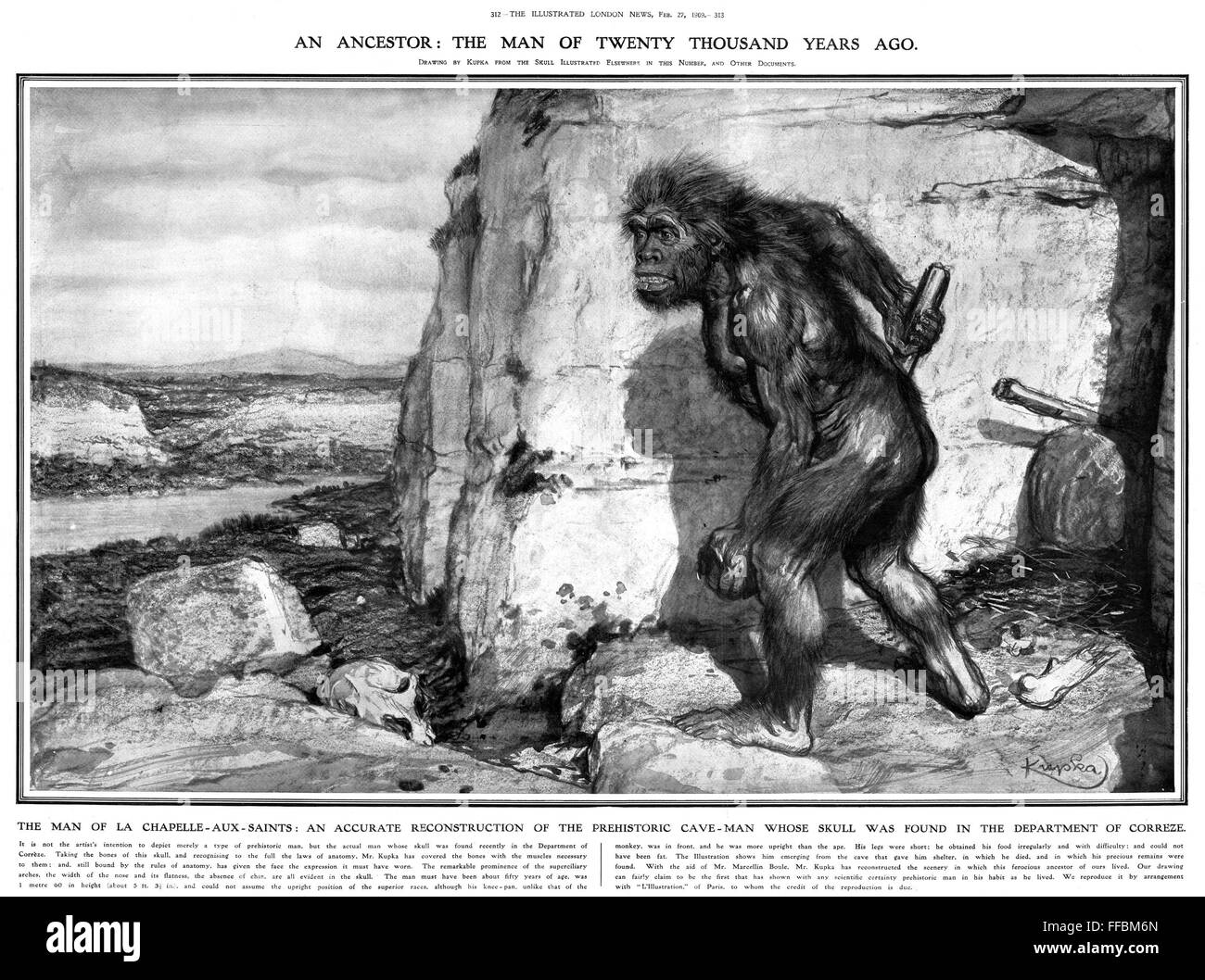 El hombre de Neandertal. /Nprimer reconstrucción de un hombre de Neanderthal, de la Chapelle-aux-Saints esqueleto Neandertal, descubierto en Francia en 1908. Dibujo de Frantisek Kupka, con la ayuda de Marcellin Boule. Publicado en el Illustrated London News, 27 de febrero Foto de stock