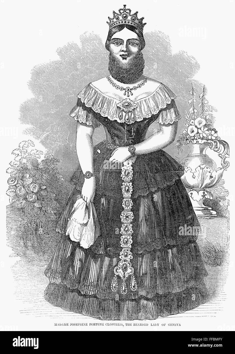 Señora barbudo, 1853. /NJosephine Boisdechene (Madame Fortuna Clofullia), P.T. Barnum's Lady barbudo. El grabado en madera, Americana, 1853. Foto de stock