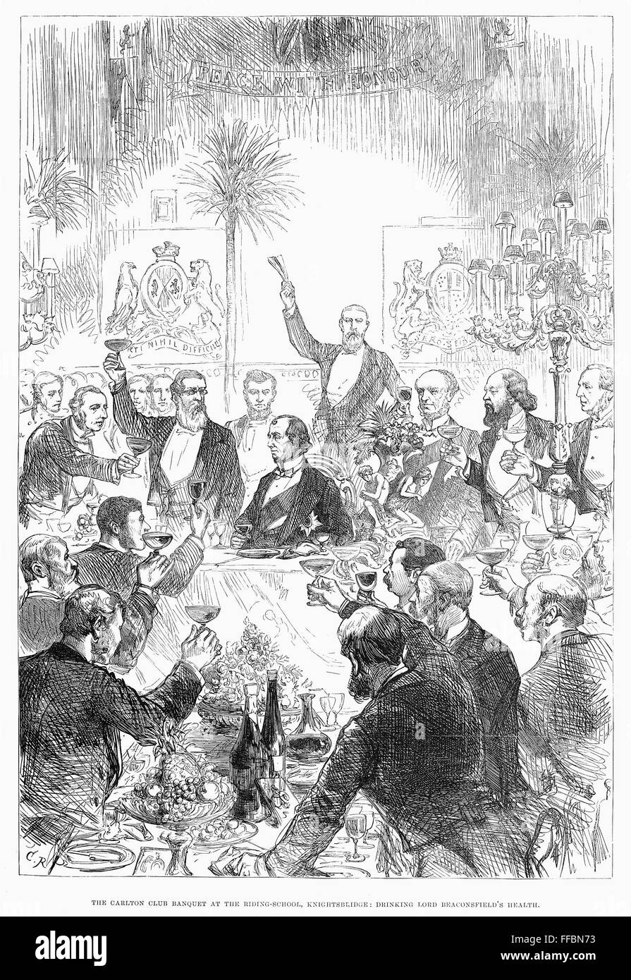 Benjamín Disraeli (1804-1881). /N1er conde de Beaconsfield. Beber a Lord Beaconsfield de salud durante un banquete en el Carlton Club de Londres, 1878. Grabado en madera de un periódico inglés contemporáneo. Foto de stock